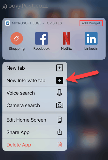 Seleccione Nueva pestaña InPrivate desde el icono de Edge en iOS