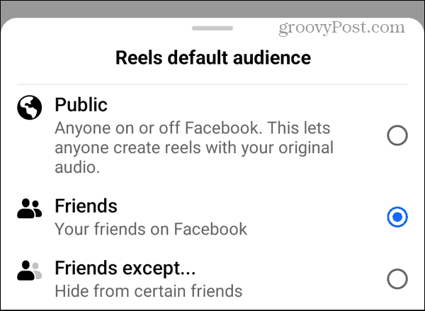 configuración de facebook de audiencia predeterminada de reels