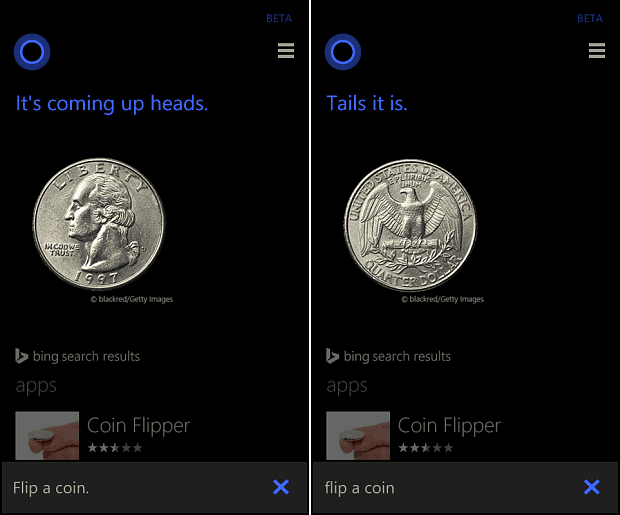 Cortana lanza una moneda