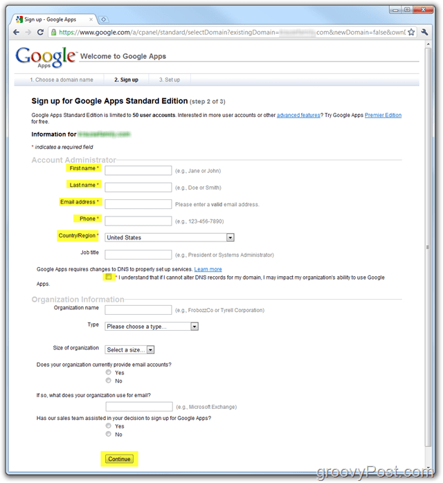 Registro de Google Apps Standard Edition Ingresar dominio