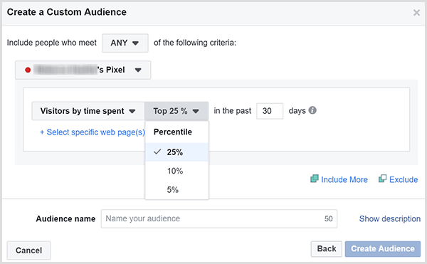El cuadro de diálogo Crear una audiencia personalizada de Facebook tiene opciones para orientar anuncios a los clientes que pasaron la mayor cantidad de tiempo en su sitio web.