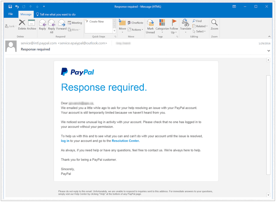 Aviso falso de PayPal