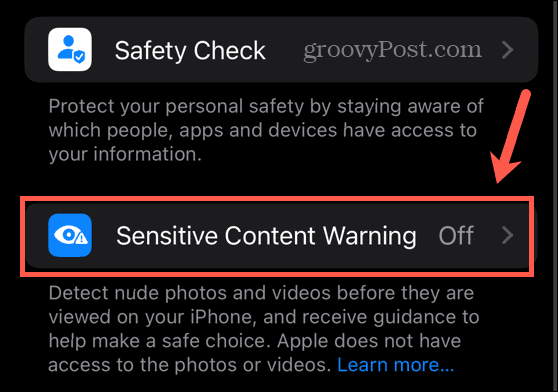 configuración de advertencia de contenido sensible de iOS