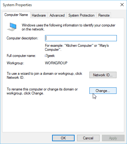 Propiedades del sistema de Windows 10 Nombre del equipo