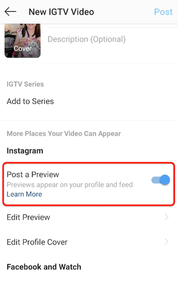 Instagram igtv nuevas opciones de menú de video con la publicación de una opción de vista previa activada