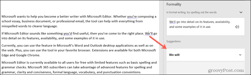 Sugerencia de Microsoft Editor