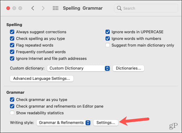Opciones de Mac Word, configuración de gramática