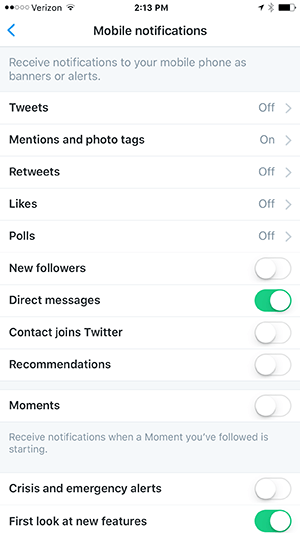 configuración de notificaciones de twitter de iphone