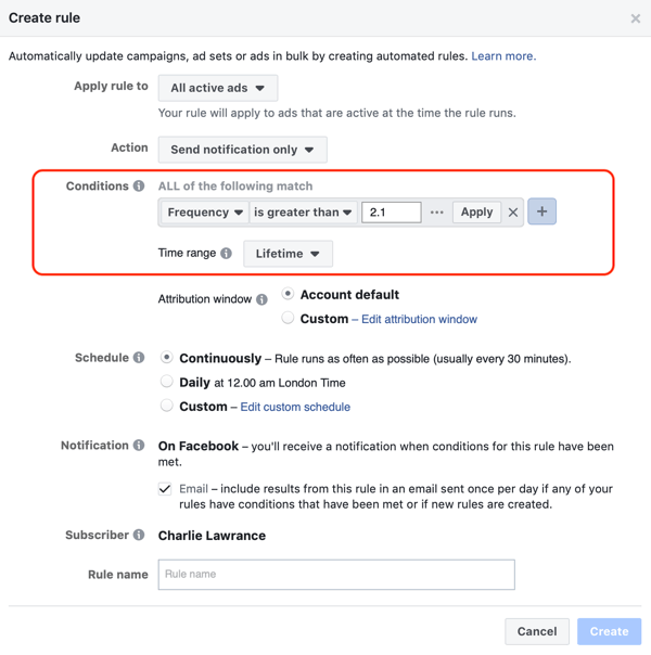 Utilice las reglas automatizadas de Facebook, notificación cuando la frecuencia del anuncio sea superior a 2.1, paso 2, configuración de condiciones