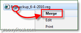 fusionar un archivo de registro para restaurarlo en Windows 7 y Vista
