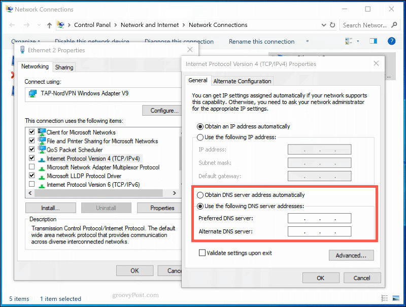 La ventana de configuración de DNS para una conexión de red en Windows 10