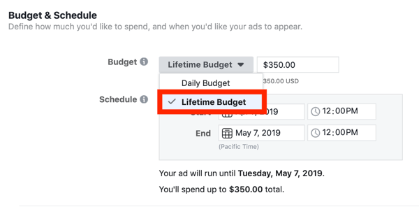 Consejos para reducir los costos de sus anuncios de Facebook, opción para establecer el presupuesto de la campaña al presupuesto de por vida