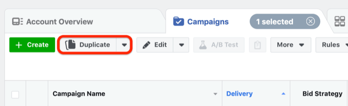 Botón duplicar en el Administrador de anuncios de Facebook