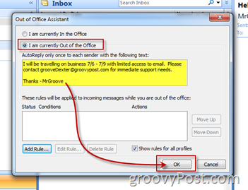 Habilitar Activar la respuesta automática del Asistente para fuera de la oficina de Microsoft Outlook
