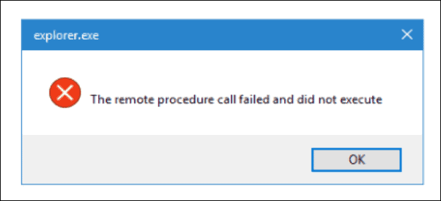 Un ejemplo de un error de Llamada a procedimiento remoto fallida al iniciar el Explorador de archivos.