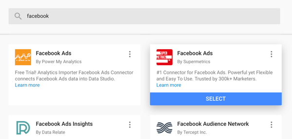 Utilice Google Data Studio para analizar sus anuncios de Facebook, paso 4, opción para utilizar el conector de anuncios de Facebook de Supermetrics como fuente de datos
