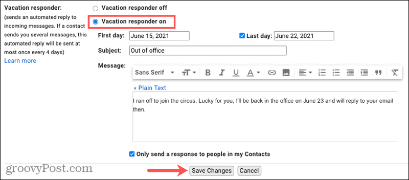 Respuesta de vacaciones fuera de la oficina de Gmail en línea 