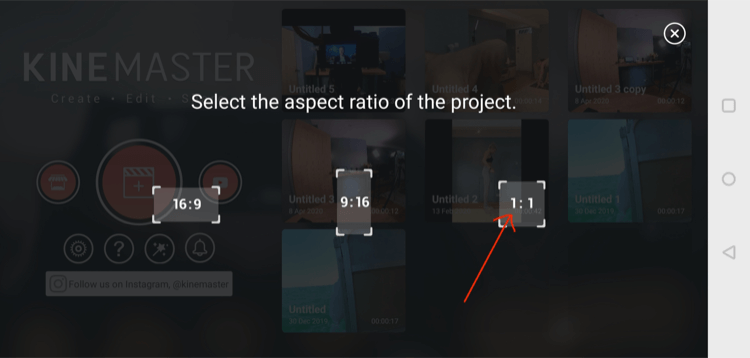seleccione la relación de aspecto de video cuadrada (1: 1) en la aplicación móvil KineMaster