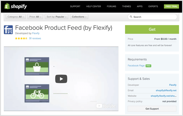Página del complemento Facebook Product Feed by Flexify