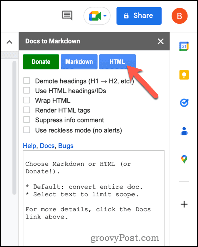 Convierta a HTML usando Docs to Markdown en Google Docs