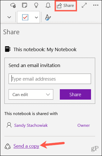 Envíe una copia de una nota en OneNote para Windows 10