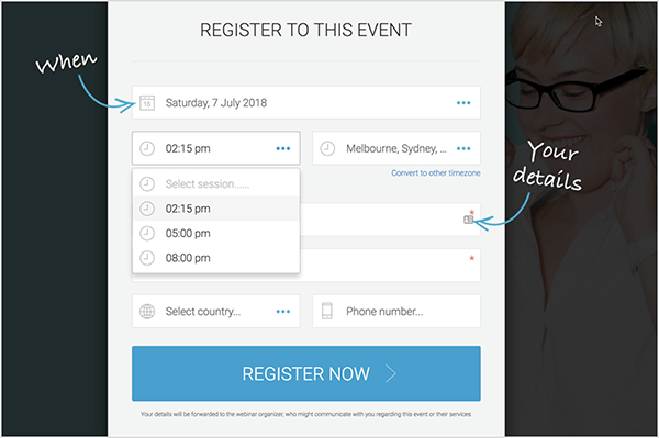 Andrew Hubbard utiliza un seminario web permanente para que los clientes potenciales puedan elegir un momento de registro conveniente. Este formulario de registro permite a las personas seleccionar entre las 11:45 a.m., las 2 p.m. o las 5 p.m.