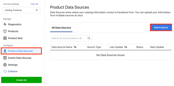 Use la herramienta de configuración de eventos de Facebook, paso 22, opción de menú para agregar productos a través de la pestaña de fuentes de datos de productos en Facebook