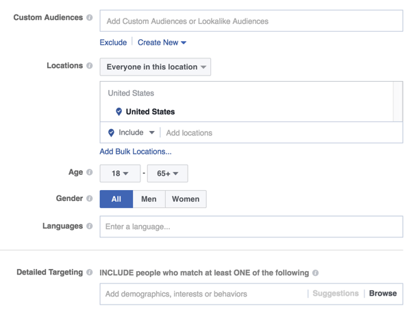 Opciones de segmentación por audiencia de anuncios de Facebook