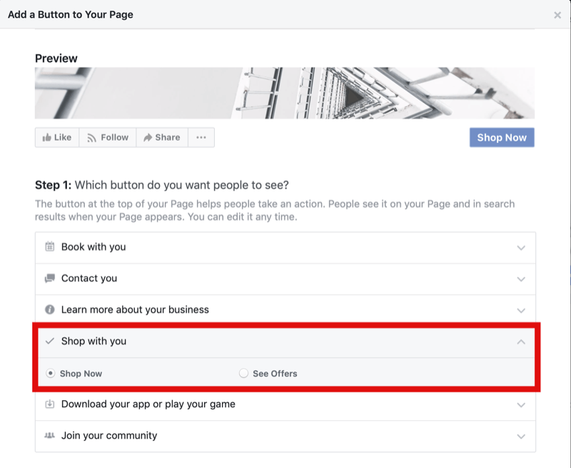 paso 1 de cómo agregar el botón Comprar ahora a la página de Facebook para compras en Instagram
