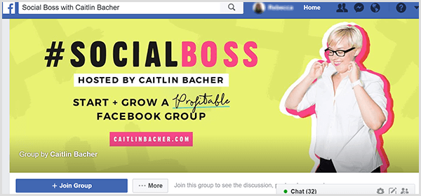 La foto de portada del grupo de Facebook para Social Boss presentada por Caitlin Bacher tiene un fondo amarillo, detalles en rosa en el texto y una foto de Caitlin levantándose el cuello de la camisa.
