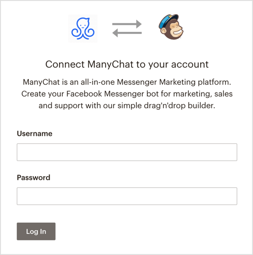 Inicie sesión en su cuenta de MailChimp a través de ManyChat.