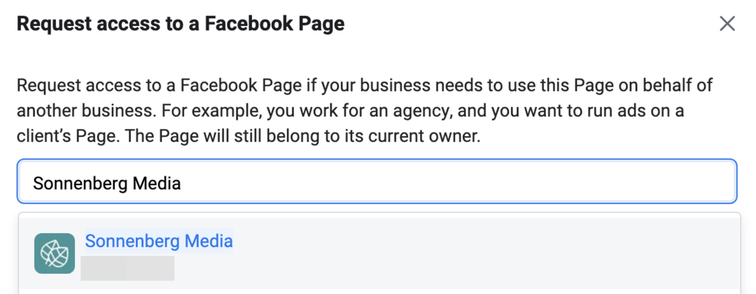 imagen de la pantalla Solicitar acceso a una página de Facebook en Meta Business Manager
