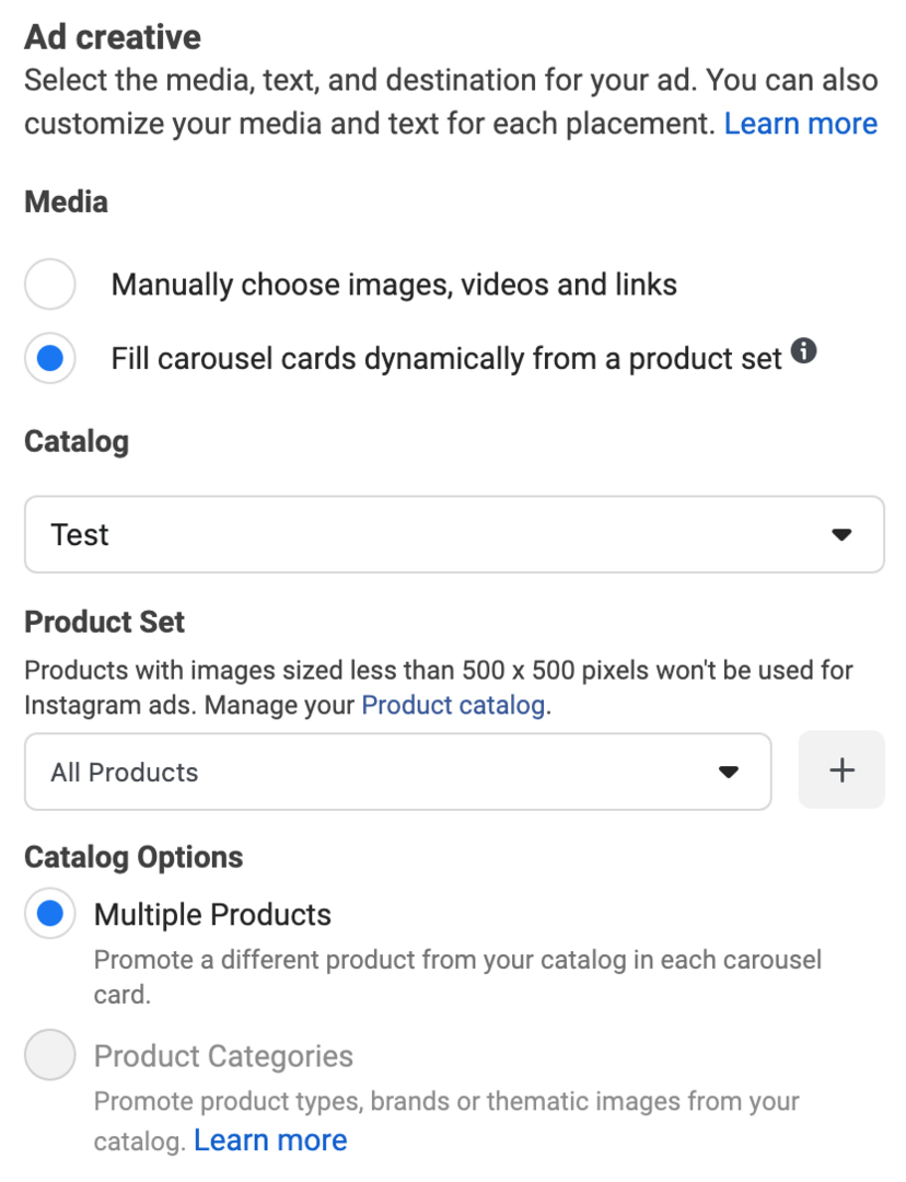 imagen de la opción Rellenar tarjetas de carrusel dinámicamente desde un conjunto de productos seleccionada durante la configuración de anuncios de Facebook