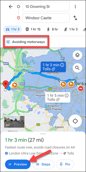Ruta móvil de Google Maps sin autopistas