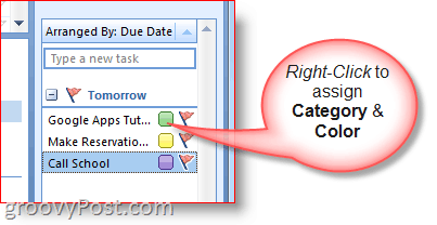 Barra de tareas pendientes de Outlook 2007: haga clic con el botón derecho en Tarea para seleccionar colores y categoría