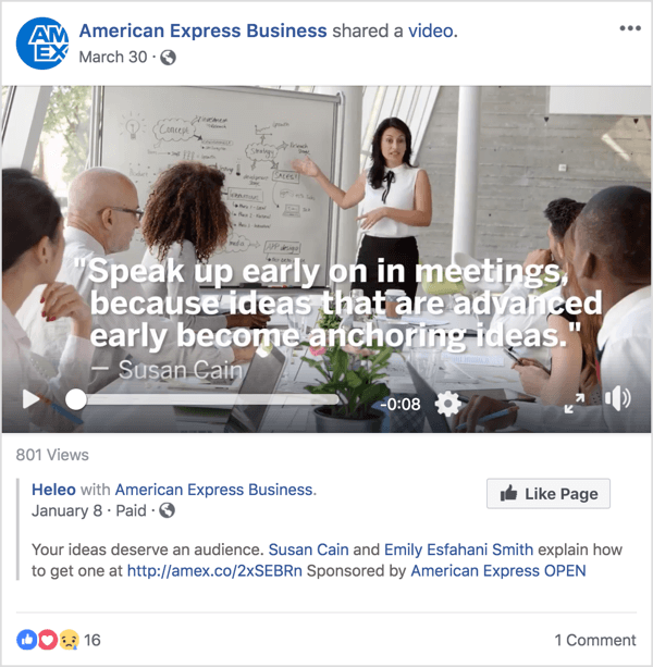 Este anuncio de Facebook para American Express Business presenta a Susan Cain, una reconocida experta en liderazgo y administración que alcanzó la fama con una reciente charla TED.