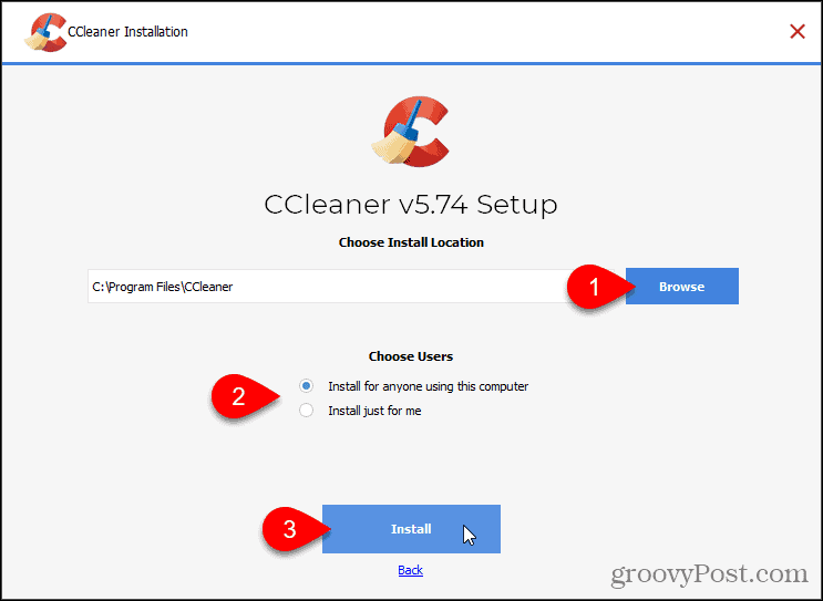 Haga clic en Instalar para instalar CCleaner