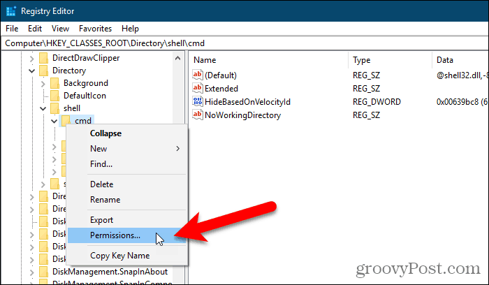Seleccione Permisos para una clave en el Editor del Registro de Windows