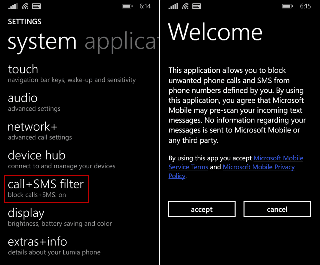 Bloquear llamadas telefónicas no deseadas y SMS en Windows Phone 8.1