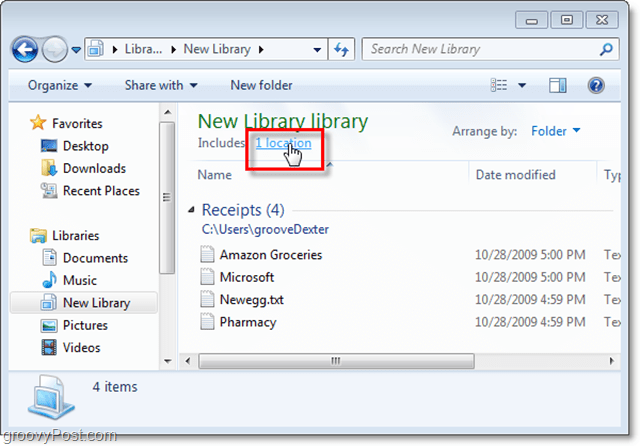 presione el enlace de ubicación para configurar agregar nuevas ubicaciones a una biblioteca de Windows