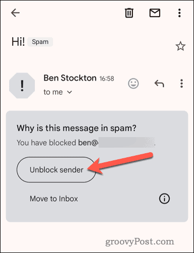 Desbloquear un remitente bloqueado en la aplicación móvil de Gmail