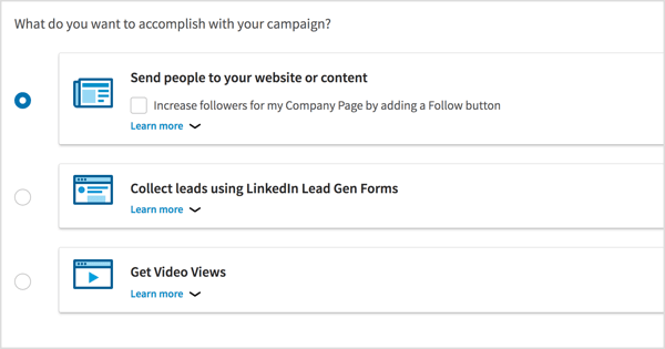 Elija el objetivo de la campaña para su campaña de anuncios de video de LinkedIn.