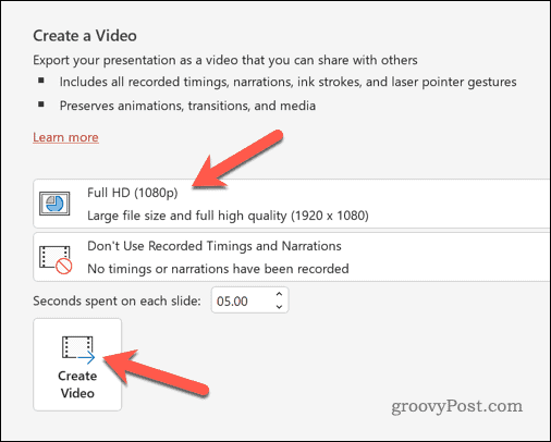 Exportación de PowerPoint como opciones de video