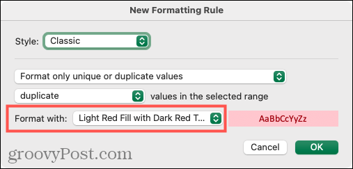 Seleccione Formato para duplicados en Excel en Mac