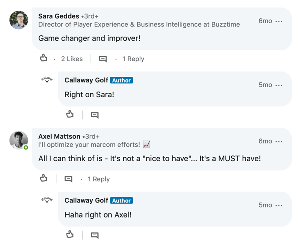Comentarios de miembros de LinkedIn para la publicación de Callaway Golf