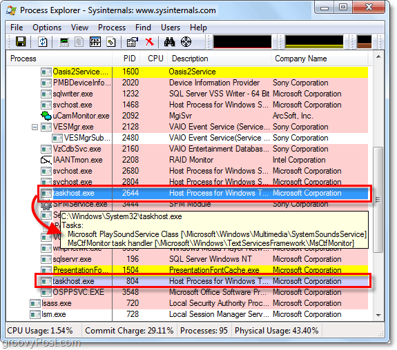 Uso de Process Explorer para ver taskhost.exe y svchost.exe