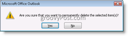 Cuadro de confirmación de Outlook para eliminar permanentemente un elemento de correo electrónico 