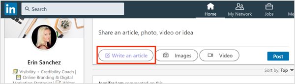 Haga clic en el botón Escribir un artículo en LinkedIn.