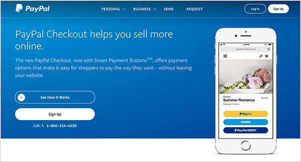 Esta es una captura de pantalla de la página web del servicio PayPal Checkout. Tiene un fondo azul y un texto blanco. Un título dice "PayPal Checkout lo ayuda a vender más en línea". Aparecen dos botones debajo del encabezado: uno azul con la etiqueta Vea cómo Funciona y uno blanco con la etiqueta Registrarse. A la derecha hay una imagen de un teléfono inteligente con la función de pago de PayPal en un dispositivo móvil sitio web.