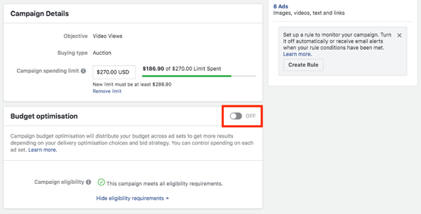 Opción de optimización del presupuesto de la campaña de Facebook.